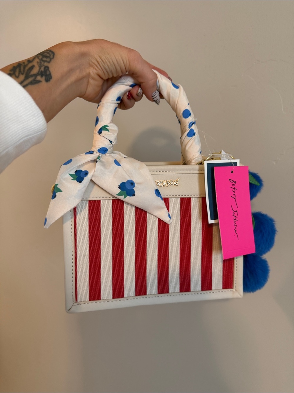 Betsey Johnson Red & Cream Striped Top-Handle Satchel with Blue Pom Accent